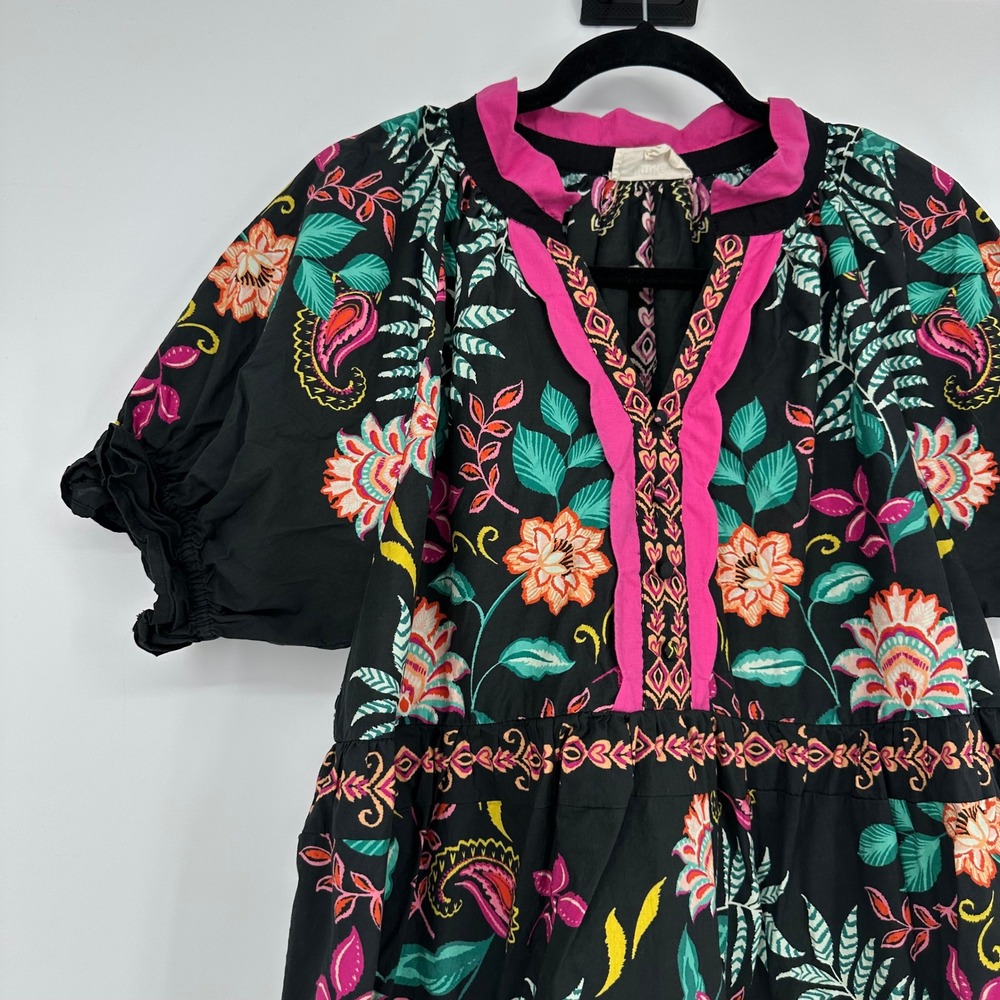 Umgee Boutique Black Mini Tiered Puff Sleeve Dress Vibrant Floral Ruffles L FLAW - Picture 2 of 7